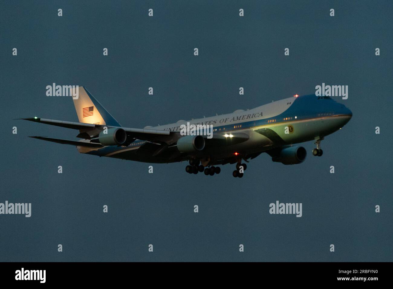 Stansted Airport, Essex, UK. 9th Jul, 2023. US President Joe Biden has landed at Stansted Airport aboard a Boeing VC-25 (specially converted VVIP 747) callsign ‘Air Force One’ in the evening, ready for meetings with PM Rishi Sunak and King Charles III on Monday Stock Photo