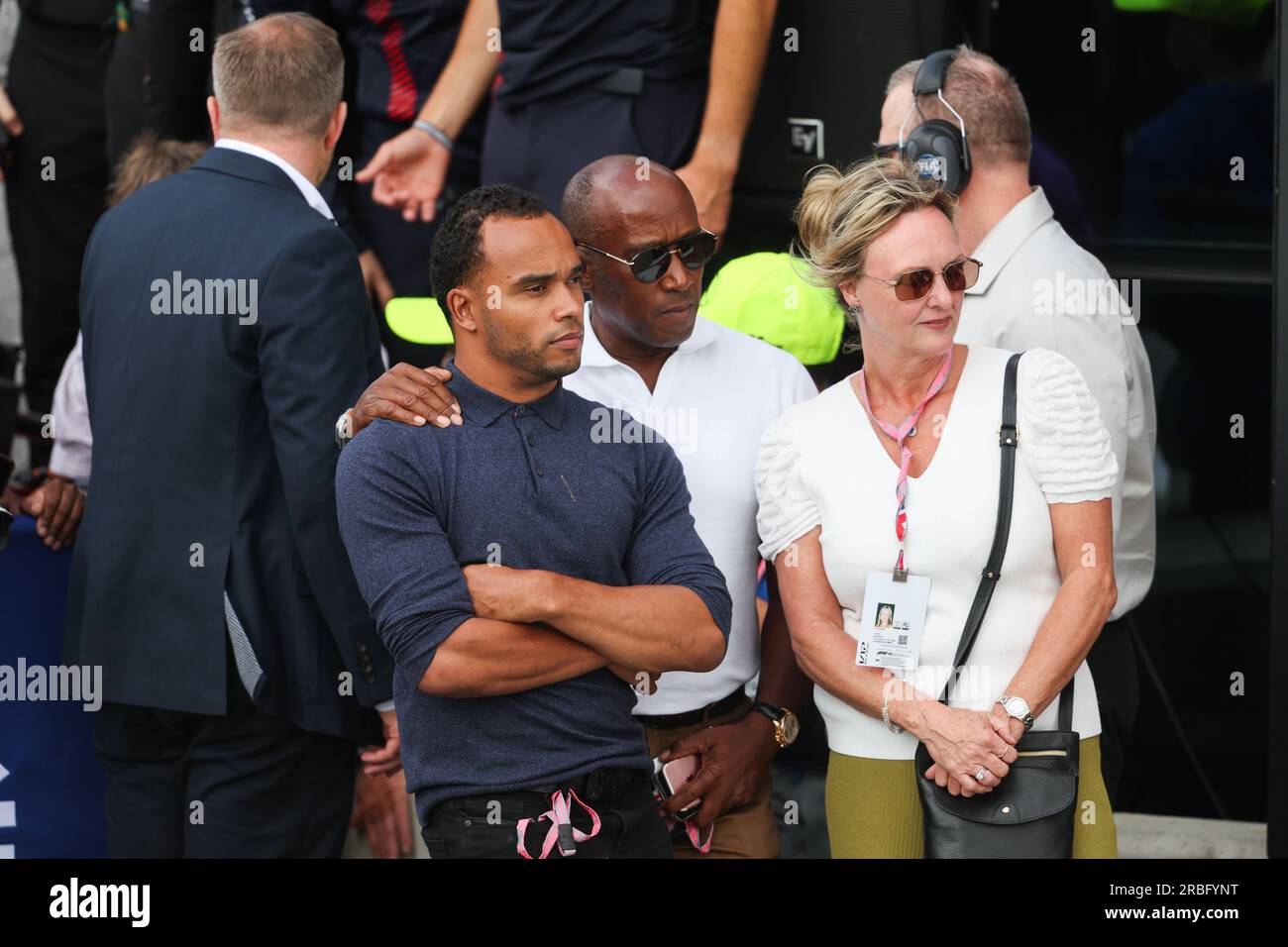 Family of HAMILTON Lewis (gbr), Nicolas his brother, Anthony his father and Linda his stepmother, portrait during the 2023 Formula 1 Aramco British Grand Prix, 10th round of the 2023 Formula One World Championship from July 7 to 9, 2023 on the Silverstone Circuit, in Silverstone, United Kingdom Stock Photo