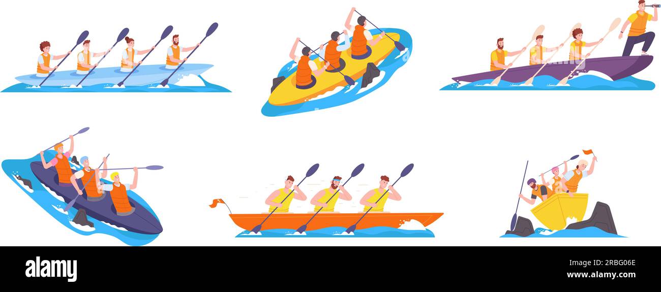 Rowing teamwork. People group with paddle on boat canoe in speed river