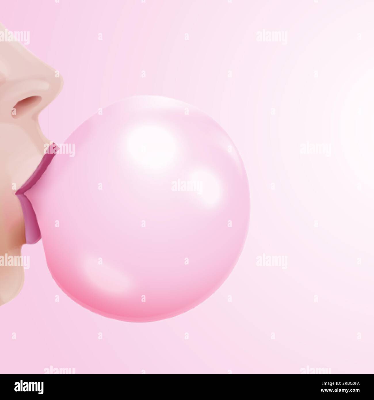Girl blowing gum. Realistic woman mouth blow bubble gums, chewing lips and  pink bubblegum bubbles 3d popping inflated ball balloon, glamour fashion  poster exact vector illustration of bubble gum Stock Vector Image