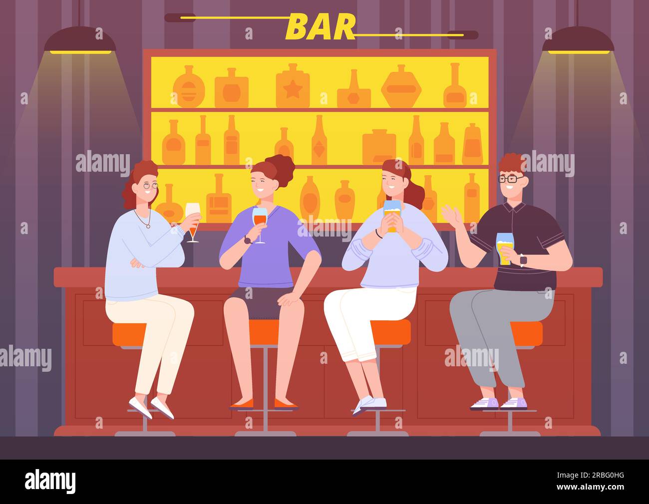 Friends evening bar. People talking night pub counter, friend enjoy meeting alcohol drink talks toast cheers conversation sitting on stool restaurant, vector illustration of alcohol bar cartoon Stock Vector