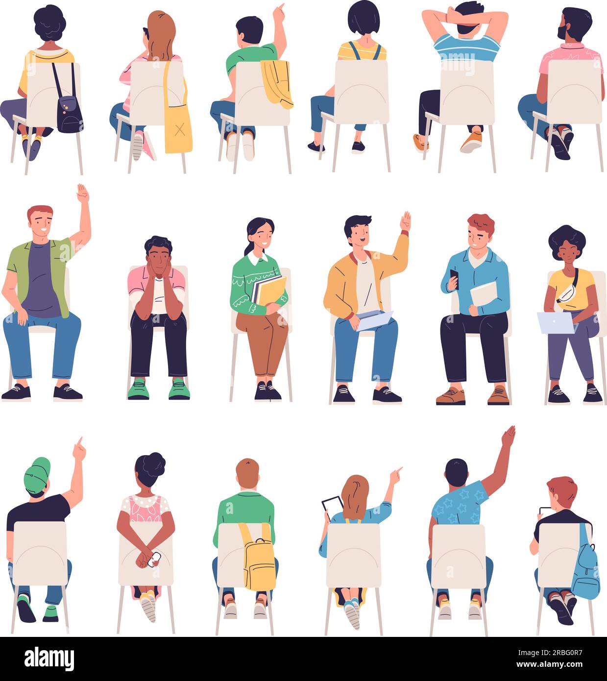 Sitting students back view. People sit on chairs rear and front side