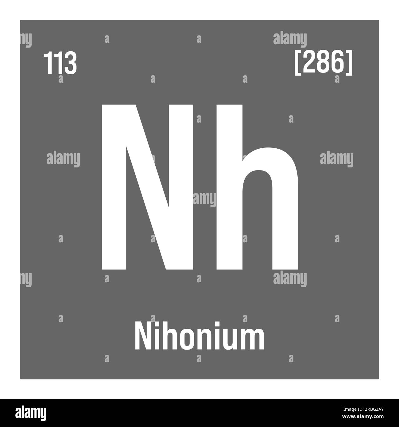 Nihonium, Nh, periodic table element with name, symbol, atomic number and weight. Synthetic element with very short half-life, created through nuclear reactions in a laboratory. Stock Vector