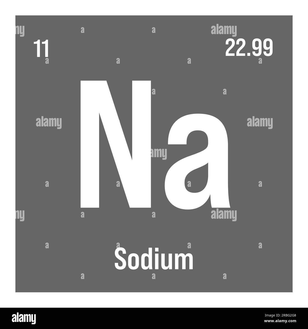 Sodium, Na, periodic table element with name, symbol, atomic number and weight. Alkali metal with various industrial uses, such as in soap, certain types of glass, and as a medication for certain medical conditions. Stock Vector