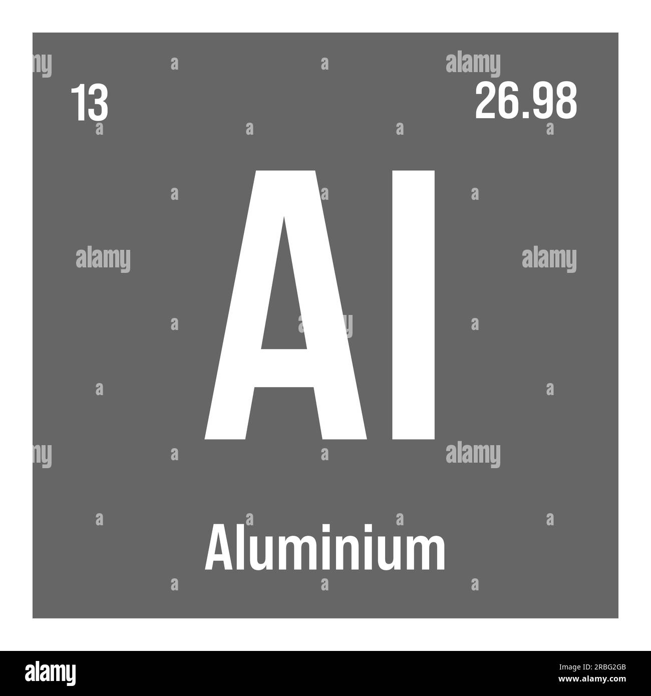 Aluminum, Al, periodic table element with name, symbol, atomic number and weight. Lightweight