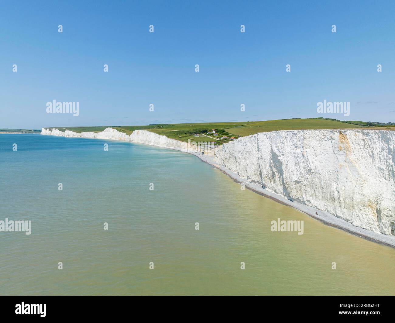Aerial view of The Seven Sisters chalk cliffs, South Downs, East Sussex
