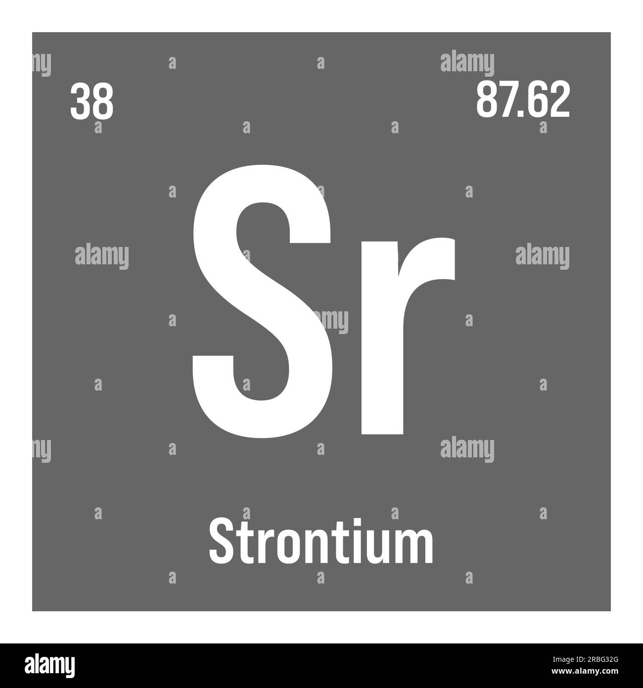 Strontium, Sr, periodic table element with name, symbol, atomic number and weight. Alkaline earth metal with various industrial uses, such as in certain types of glass, fireworks, and as a medication for certain medical conditions. Stock Vector