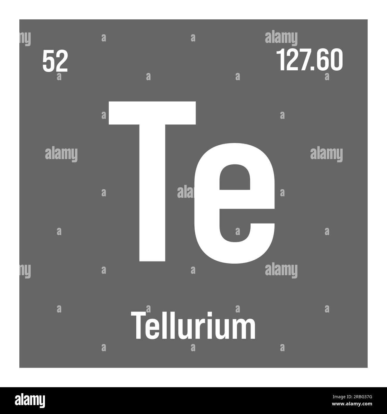 Tellurium, Te, periodic table element with name, symbol, atomic number and weight. Metalloid with various industrial uses, such as in certain types of glass, solar cells, and as a component in certain types of medication. Stock Vector