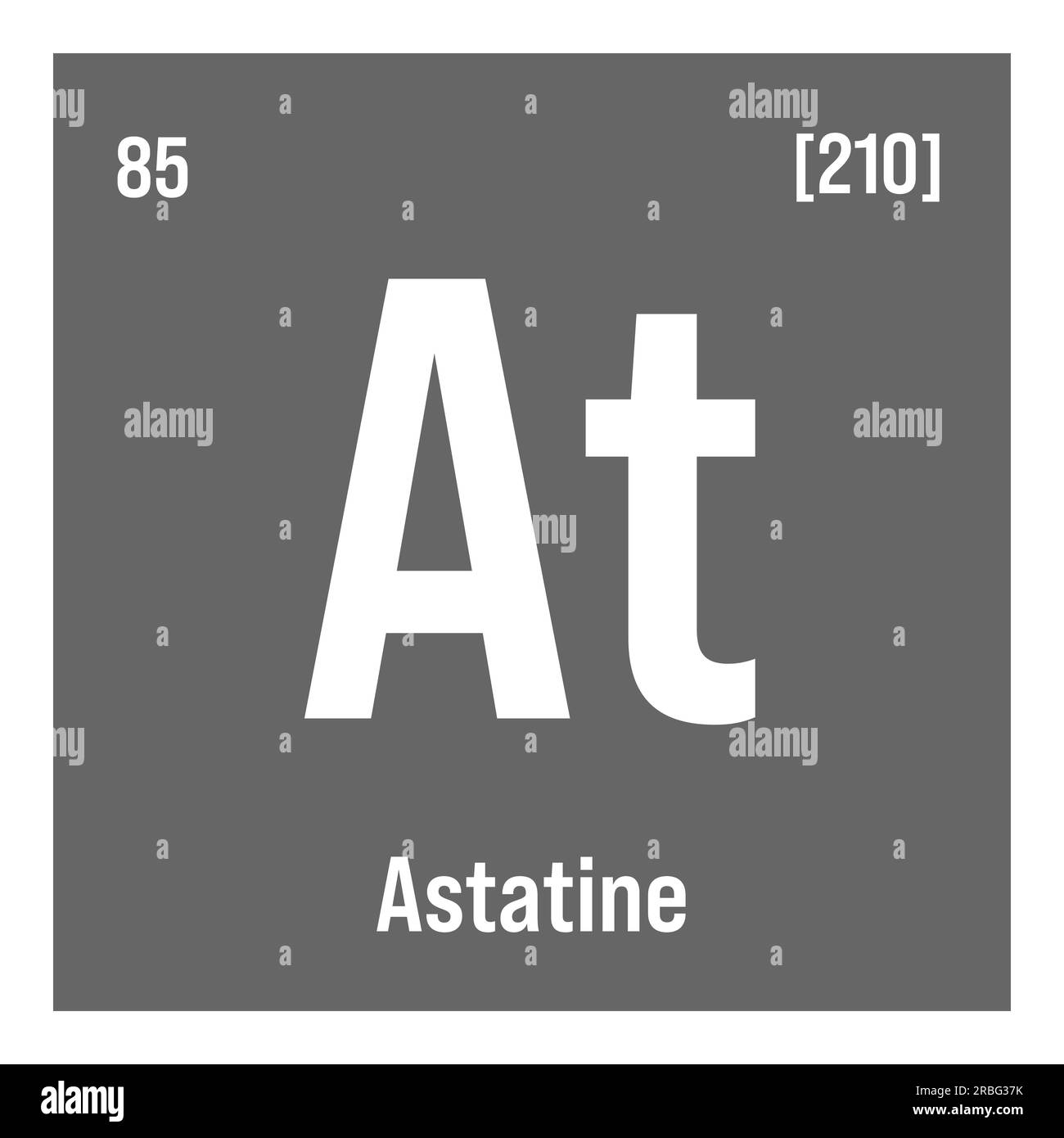 Astatine, At, periodic table element with name, symbol, atomic number and weight. Radioactive halogen with potential uses in cancer treatment and as a source of alpha particles for scientific research. Stock Vector