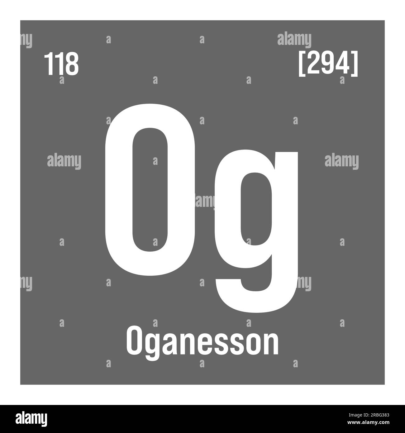 Oganesson, Og, periodic table element with name, symbol, atomic number and weight. Synthetic element with very short half-life, created through nuclear reactions in a laboratory. Its properties are not well understood due to its instability. Stock Vector