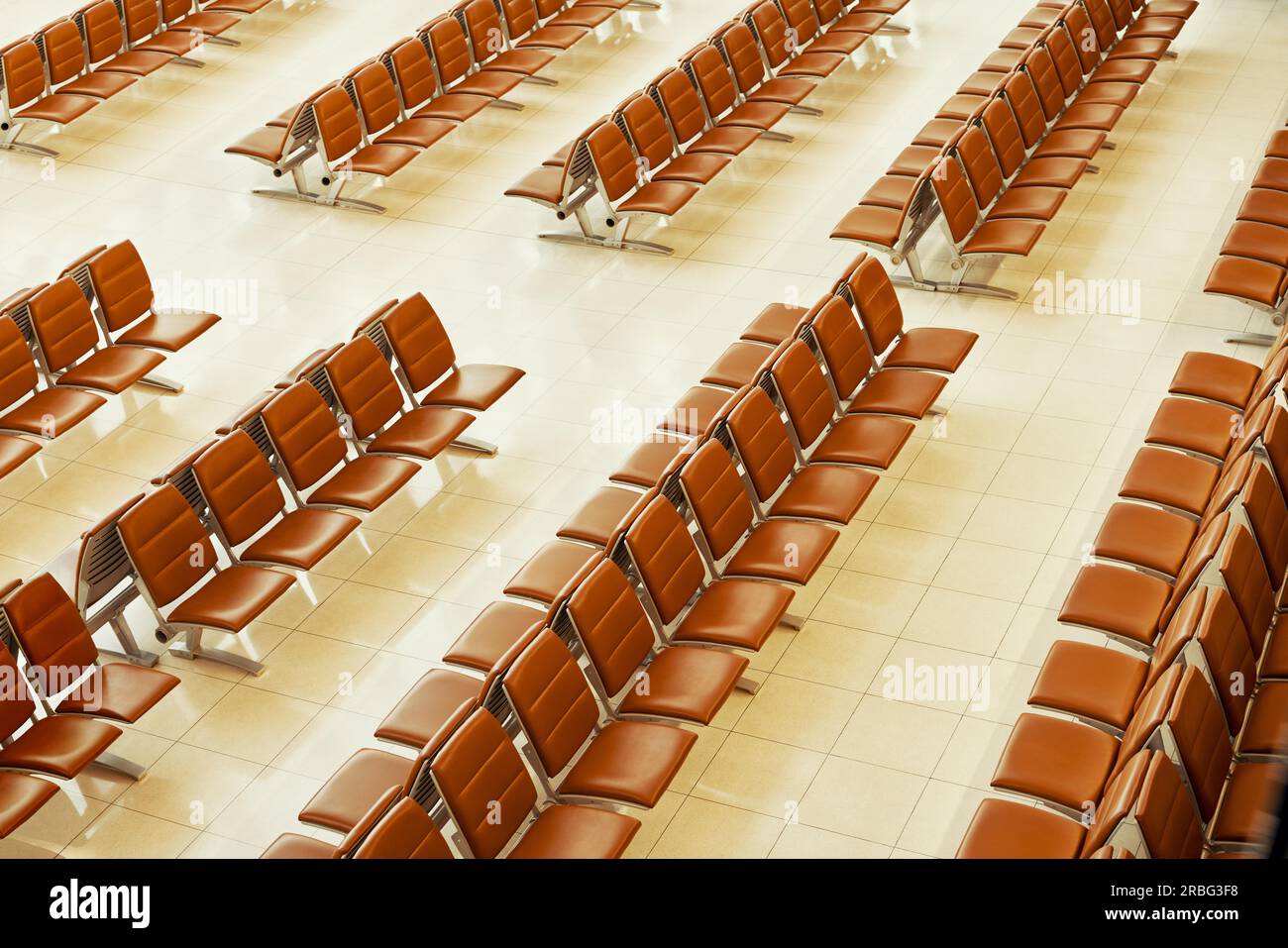Top view of empty seats. Chairs in rows in modern airport terminal ...