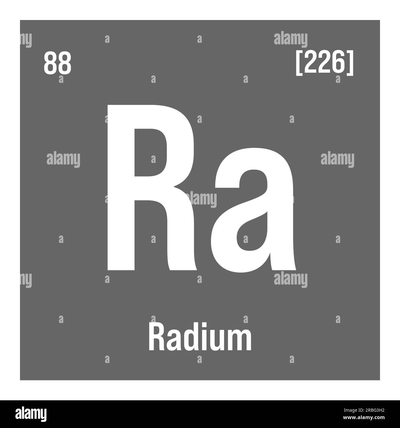 Radium, Ra, periodic table element with name, symbol, atomic number and weight. Alkaline earth metal with radioactive properties, formerly used in medical therapy and as a component of certain types of paint. Stock Vector