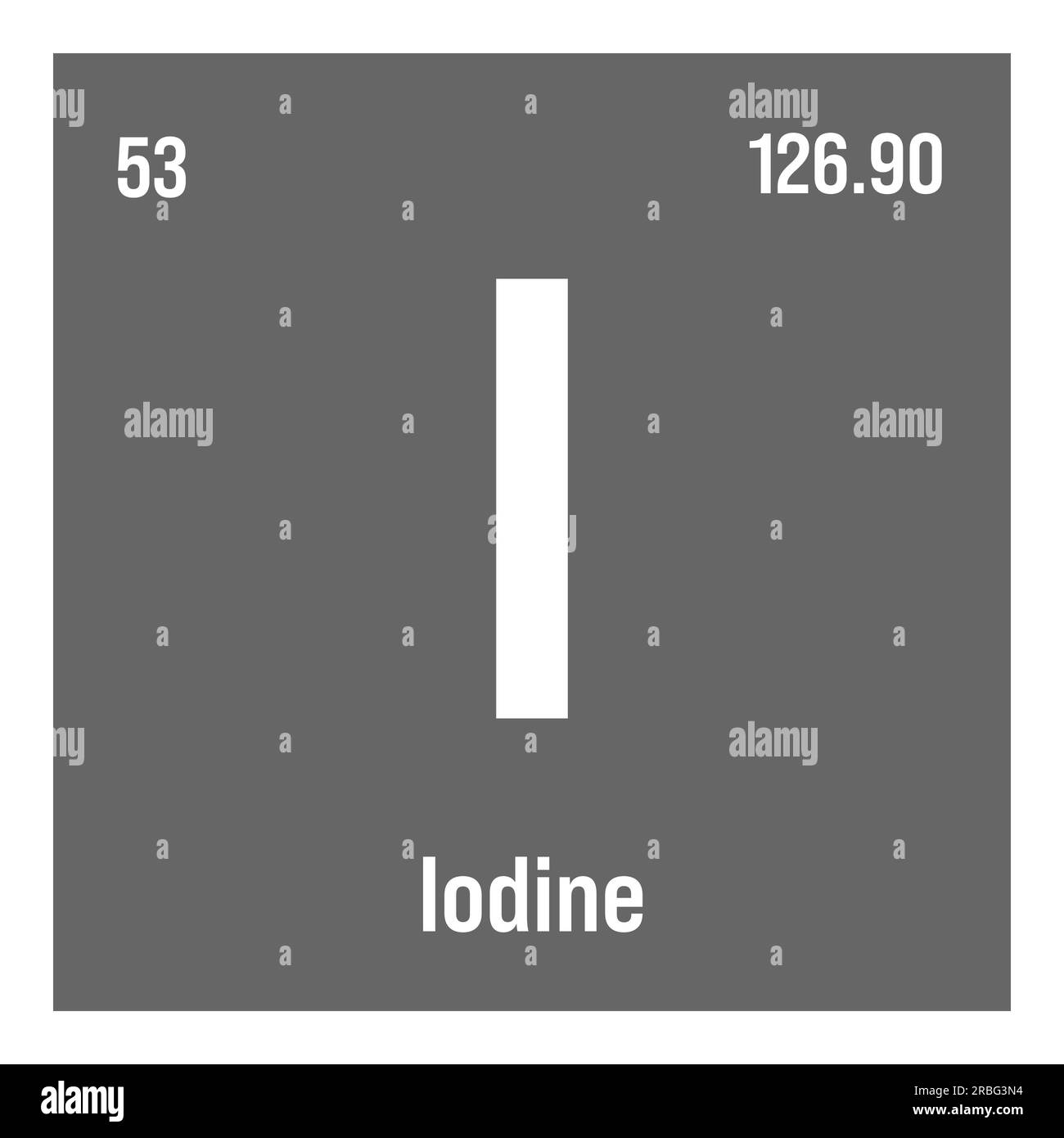 Iodine, I, periodic table element with name, symbol, atomic number and weight. Halogen with various industrial uses, such as in medicine, photography, and as a disinfectant. Stock Vector