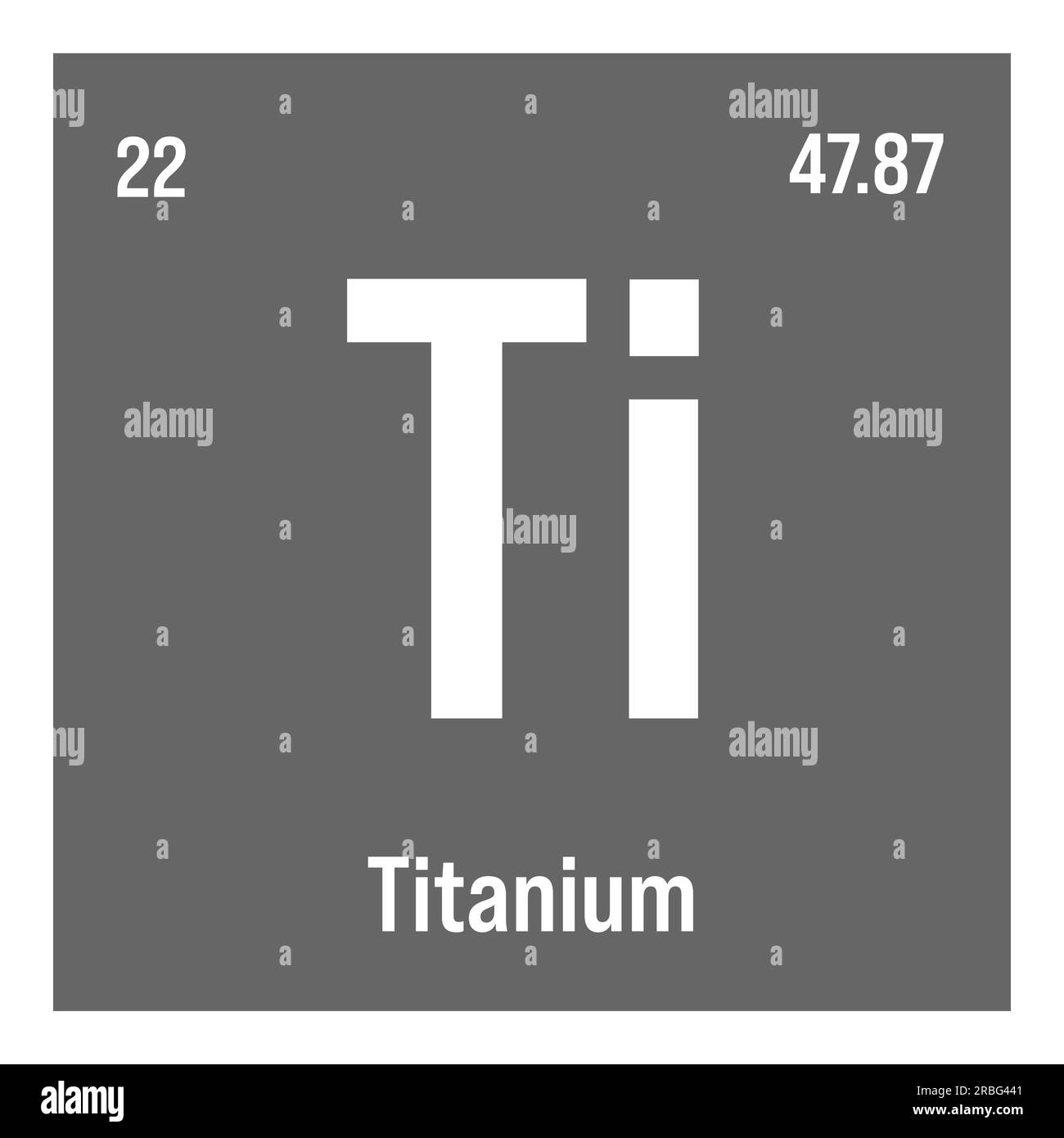 Titanium, Ti, periodic table element with name, symbol, atomic number and weight. Transition metal with various industrial uses, such as in aerospace, medical implants, and as a component in certain types of alloys. Stock Vector