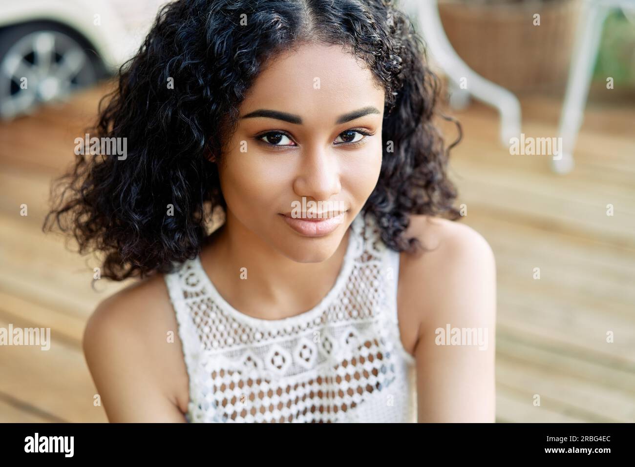 Portrait Of Young Beautiful African American Female Model Smiling Outdoors Woman Beauty Concept