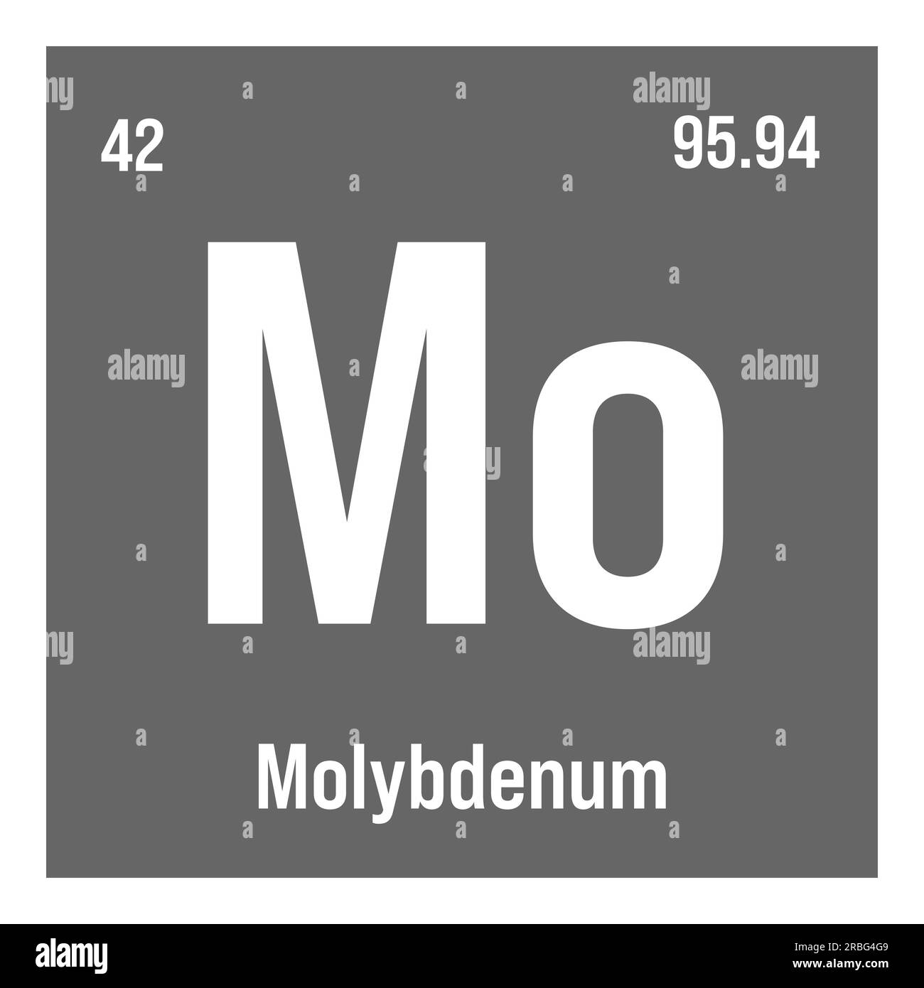 Molybdenum, Mo, periodic table element with name, symbol, atomic number and weight. Transition metal with various industrial uses, such as in steel production, lubricants, and as a catalyst in certain chemical reactions. Stock Vector