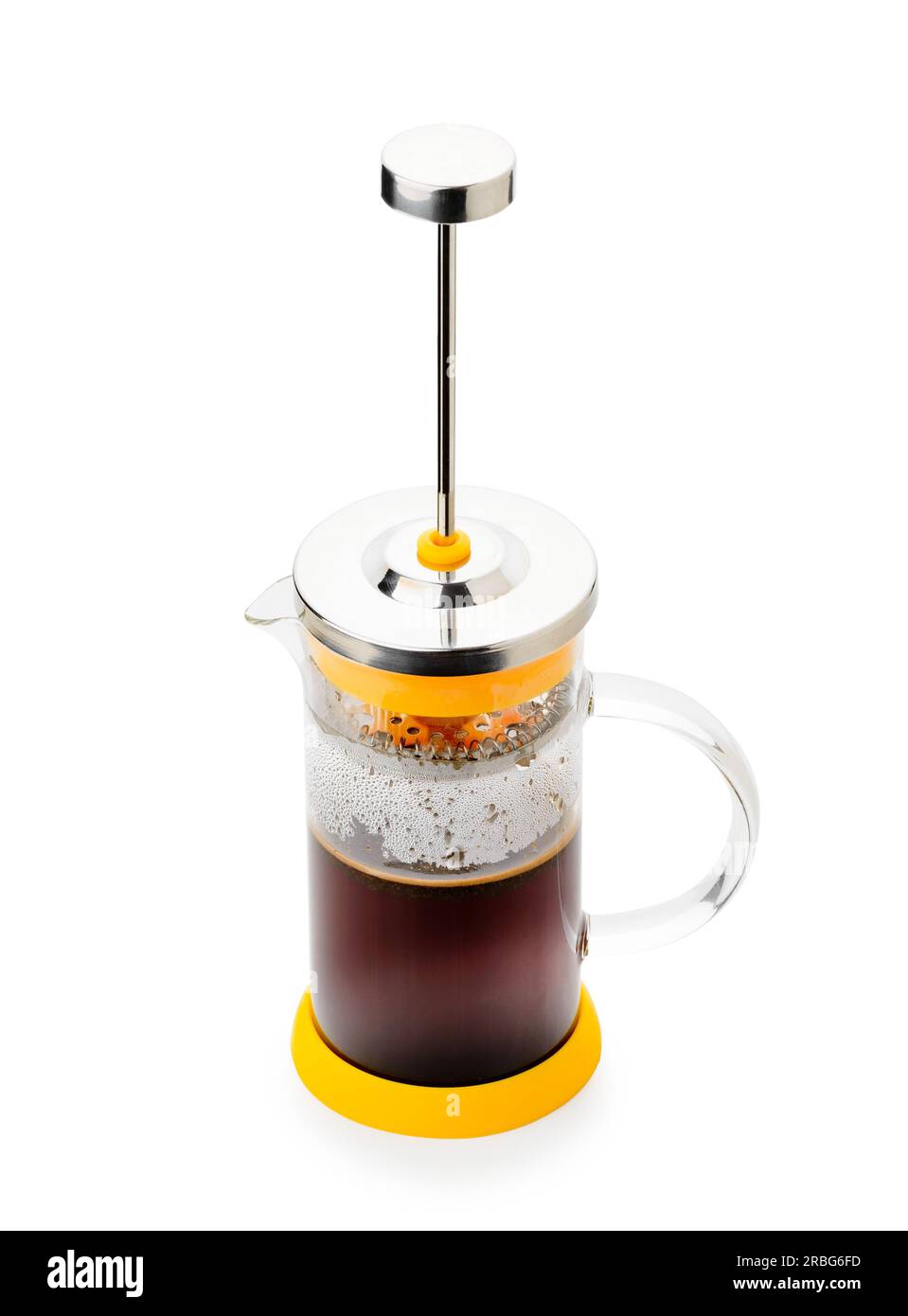 Half full glass French press for coffee and tea, isolated on white