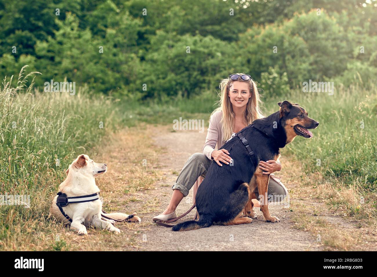 Happy blond woman with her two loyal dogs taking a rest on a rural farm road while exercising them kneeling down cuddling a large black and tan dog Stock Photo