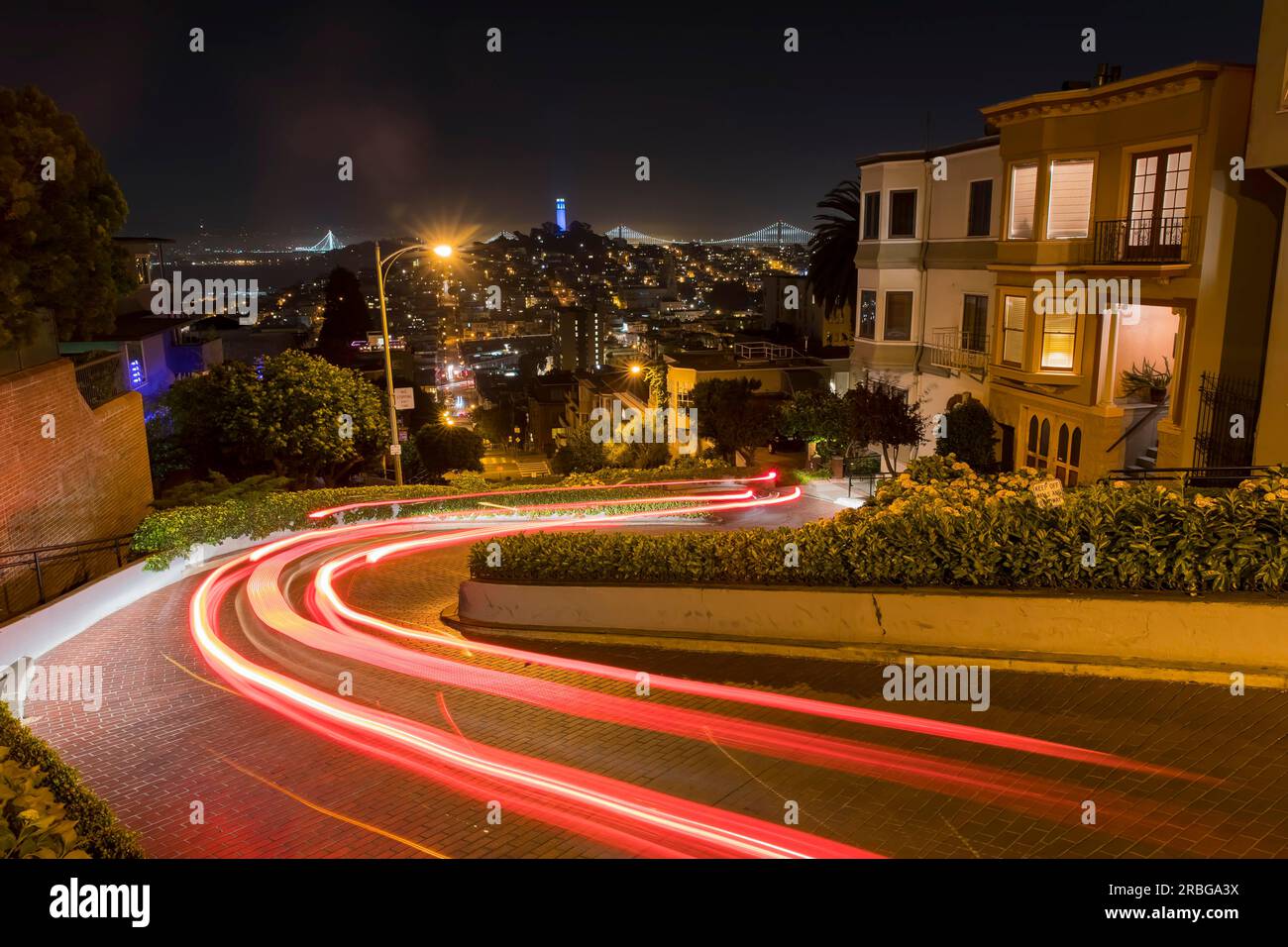Lombard Street at night with moving traffic Stock Photo