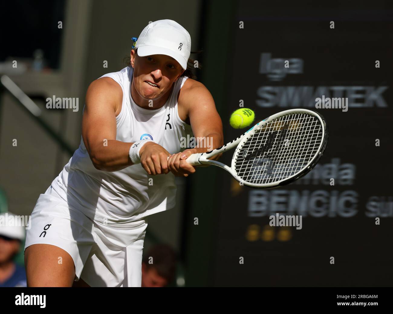 Wimbledon, United Kingdom. 09th July, 2023. Number one seed Iga Swiatek of Poland during her fourth round match against Belinda Bencic of Switzerland today at Wimbledon. Credit: Adam Stoltman/Alamy Live News Stock Photo