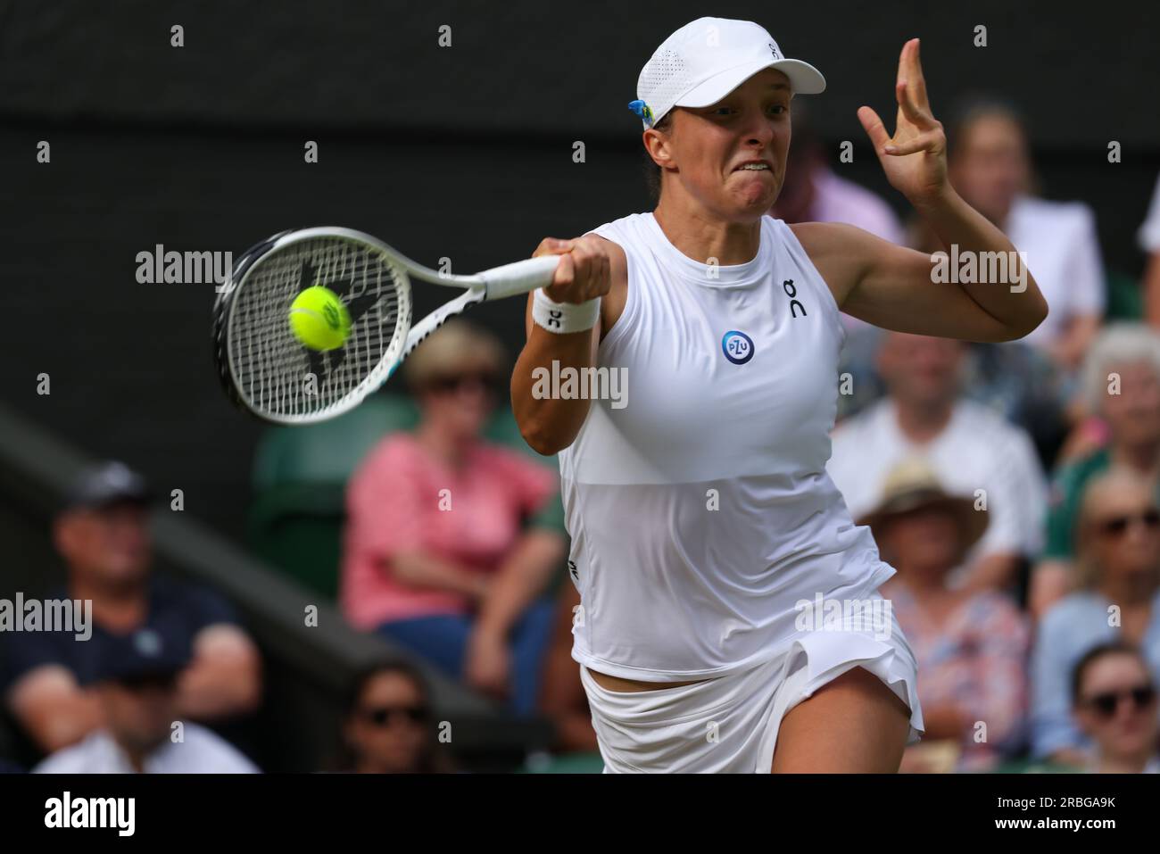 Wimbledon, United Kingdom. 09th July, 2023. Number one seed Iga Swiatek of Poland during her fourth round match against Belinda Bencic of Switzerland today at Wimbledon. Credit: Adam Stoltman/Alamy Live News Stock Photo