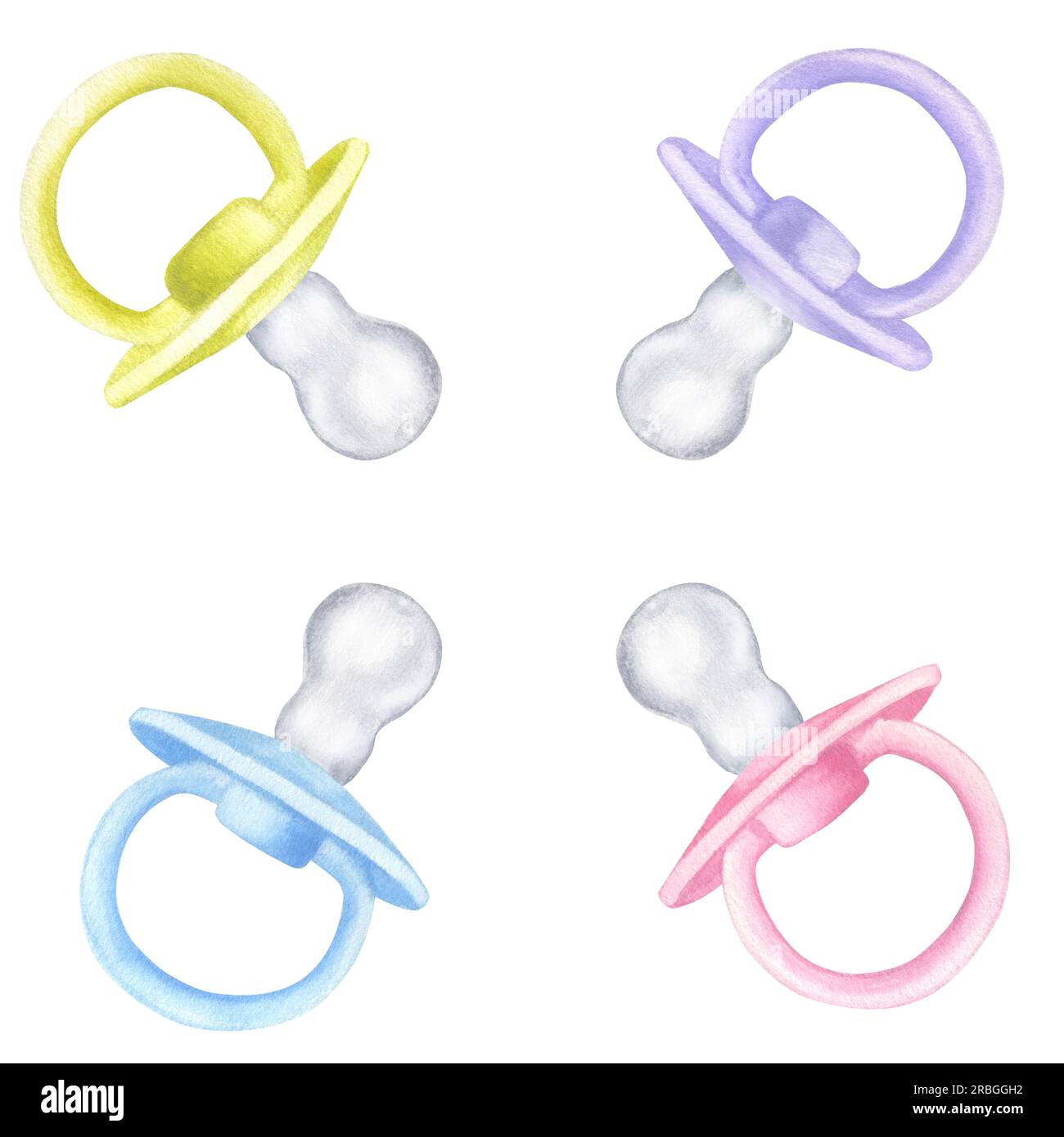 Set baby boy girl pacifier dummy. Pink blue violet green. Hand drawn ...