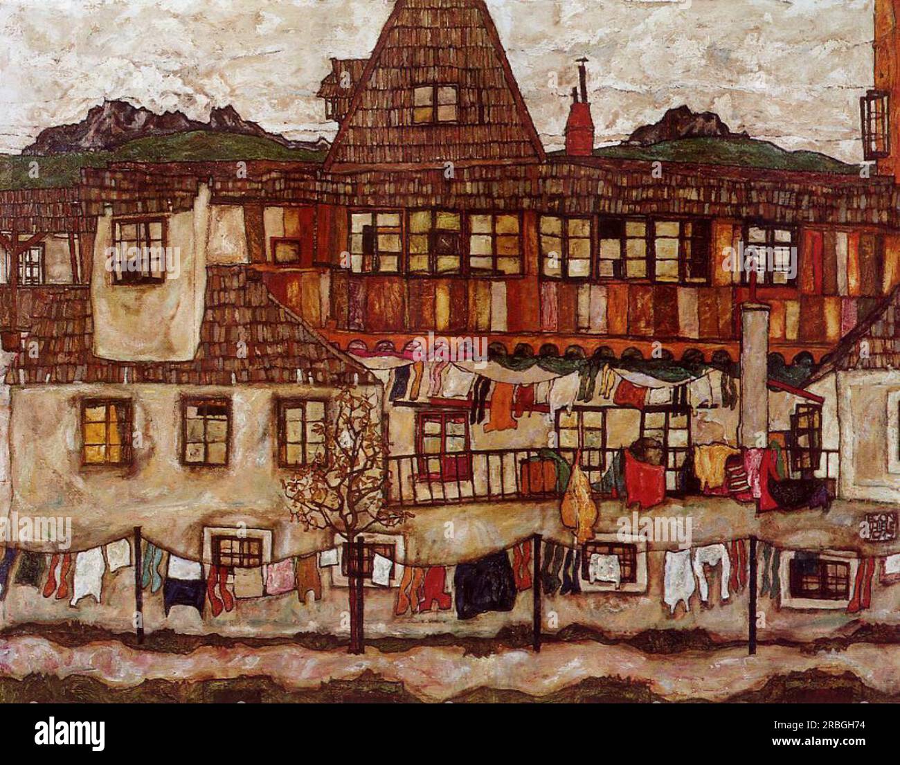 House with Drying Laundry 1917; Vienna, Austria by Egon Schiele Stock