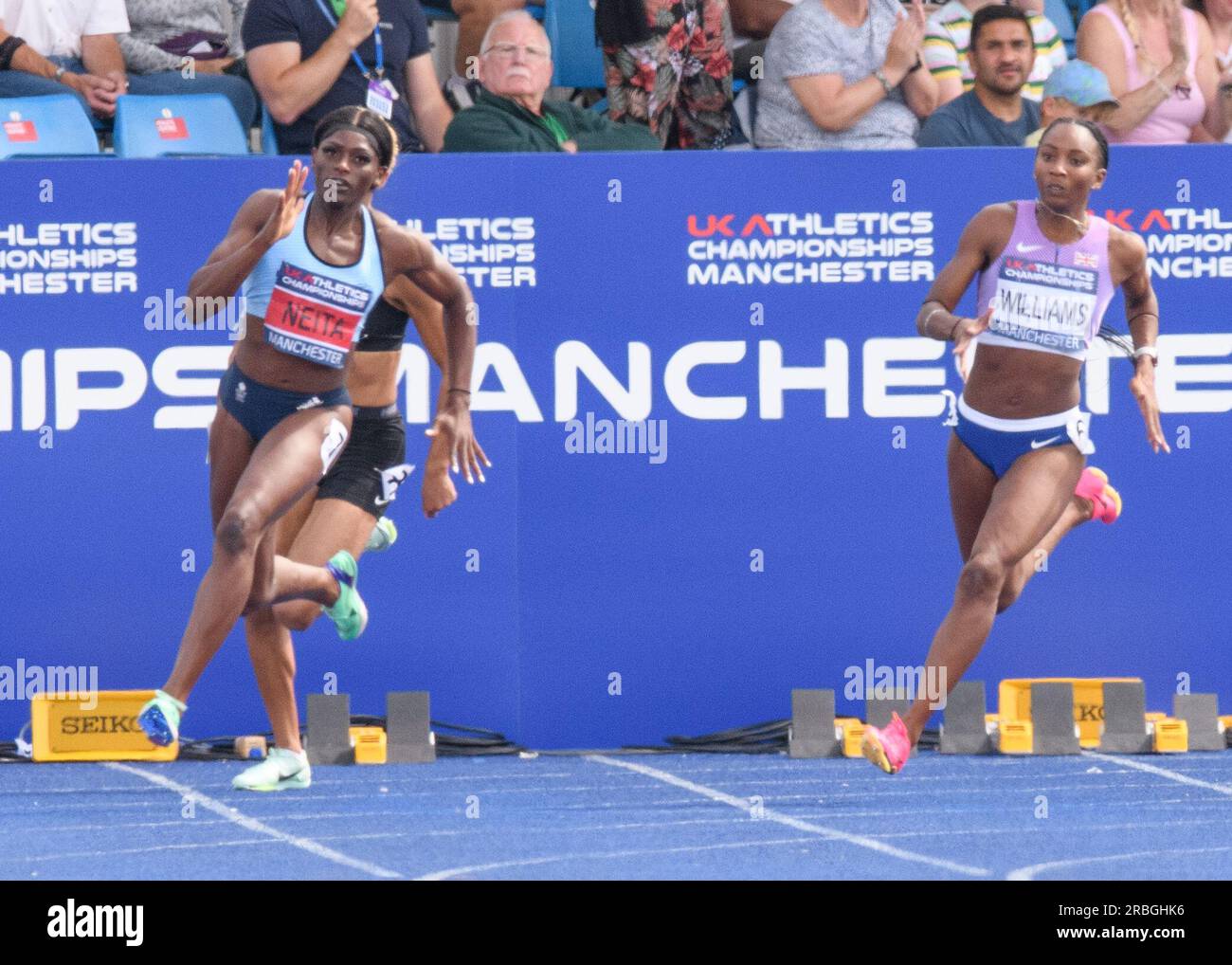 Manchester, UK. 08th July, 2023. 8/9 July 2023, Manchester Regional Arena, Manchester, UK. National UK Athletics Championships 2023. Caption: Daryll Neita runs off the bend in the Final of the women's 200 meters and wins with a new CR of 22.25. Picture: Mark Dunn/Alamy Live News (Sport) Credit: Mark Dunn Photography/Alamy Live News Stock Photo