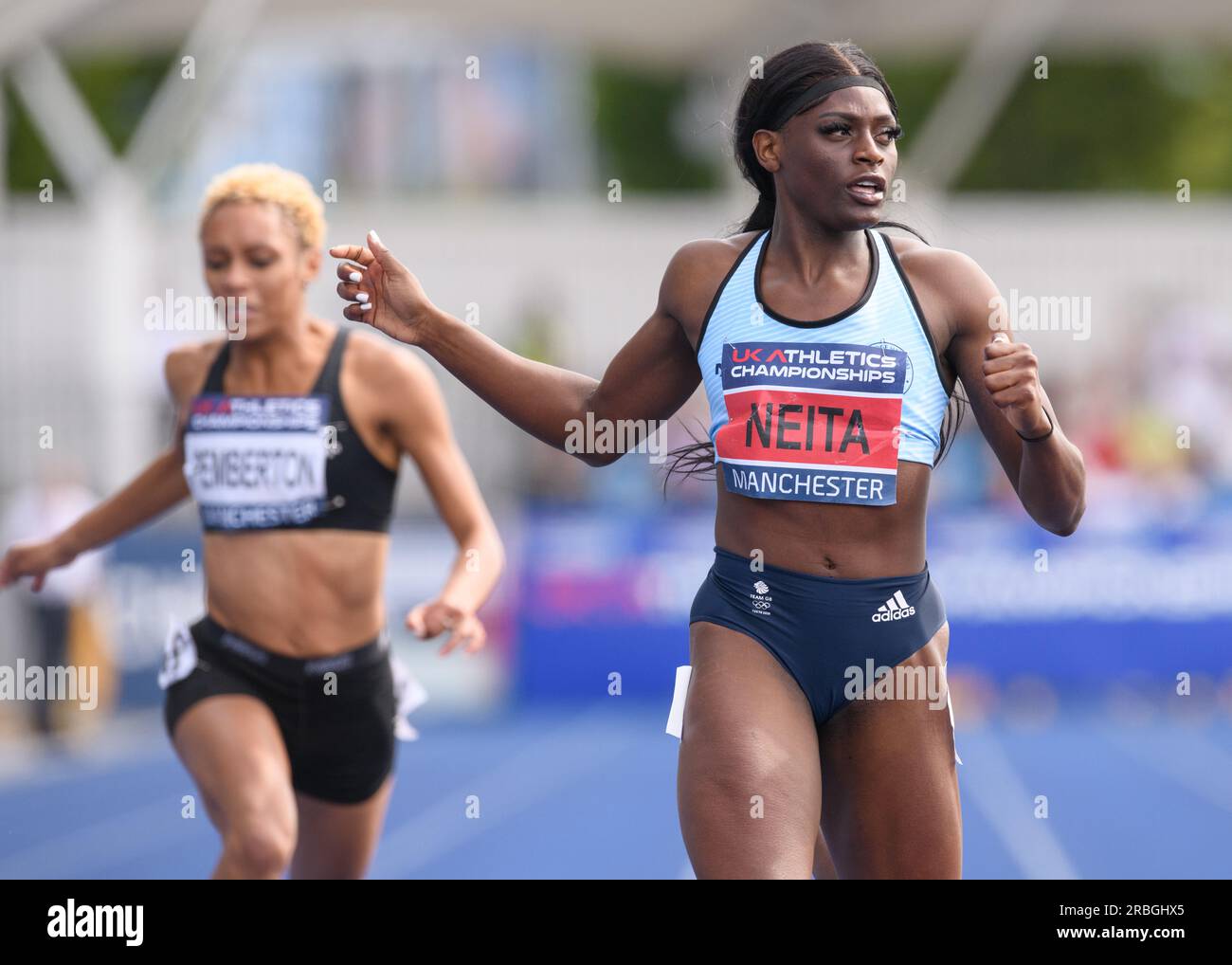 Manchester, UK. 08th July, 2023. Manchester Regional Arena, Manchester, UK. National UK Athletics Championships 2023. Caption: Daryll Neita winning the women's 200 meters and wins with a new CR of 22.25. Picture: Mark Dunn/Alamy Live News (Sport) Credit: Mark Dunn Photography/Alamy Live News Stock Photo