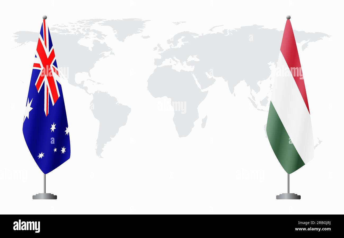 Australia and Hungary flags for official meeting against background of world map. Stock Vector