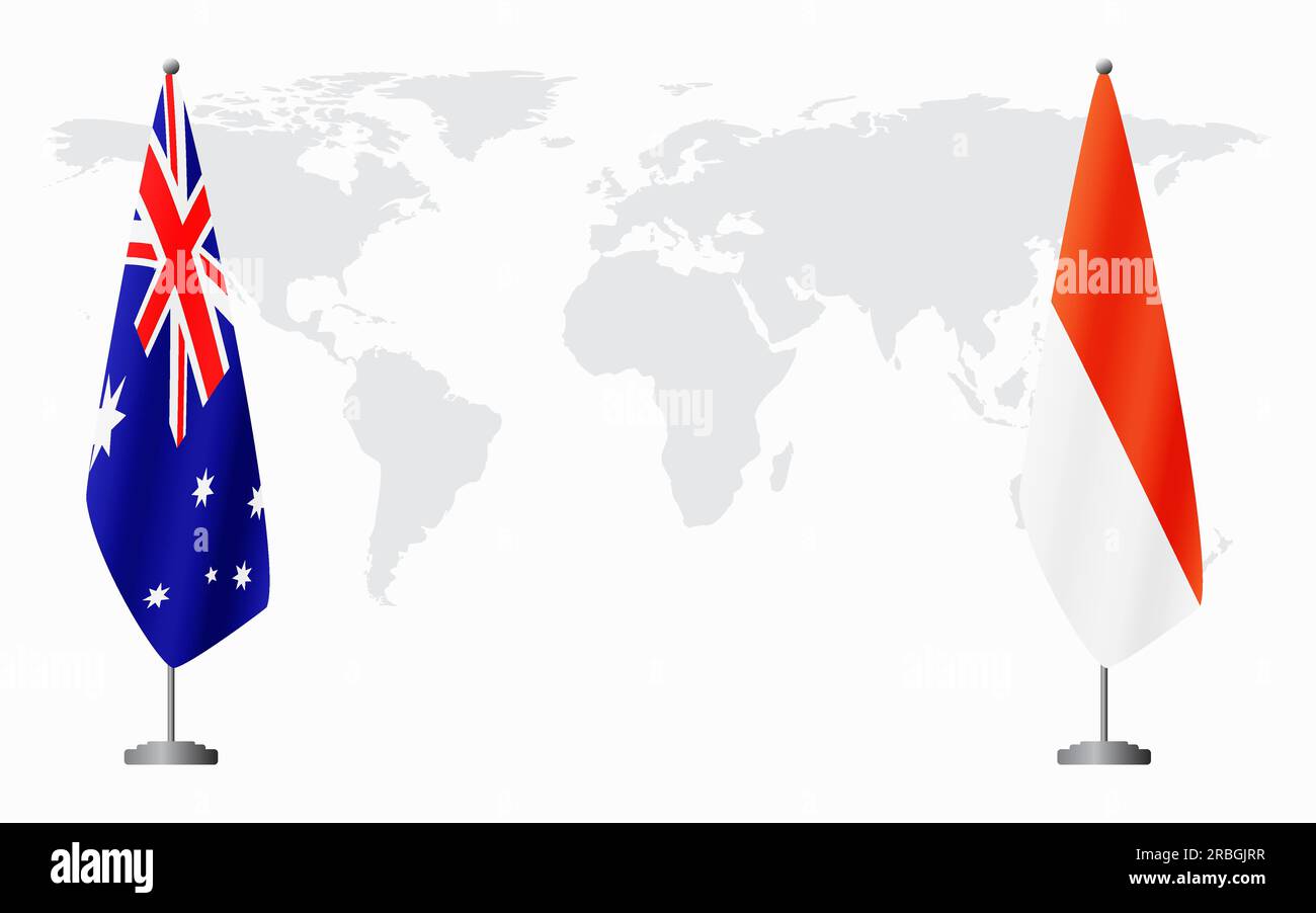 Australia and Indonesia flags for official meeting against background of world map Stock Vector