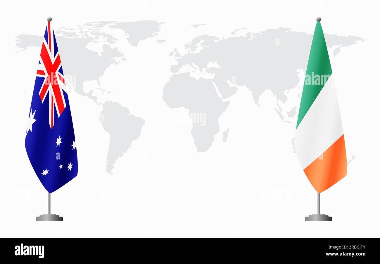 Australia and Ireland flags for official meeting against background of