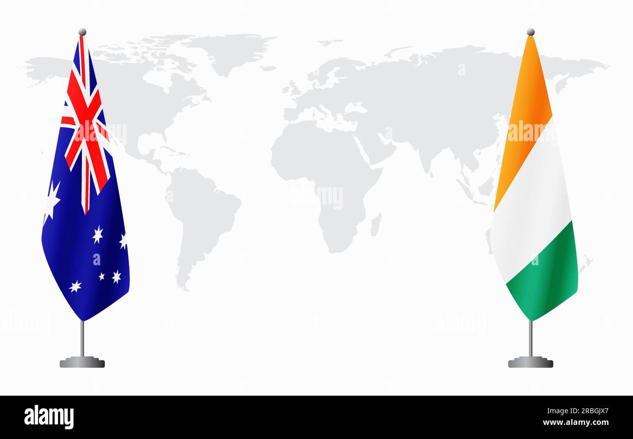 Australia and Ivory Coast flags for official meeting against background of world map. Stock Vector