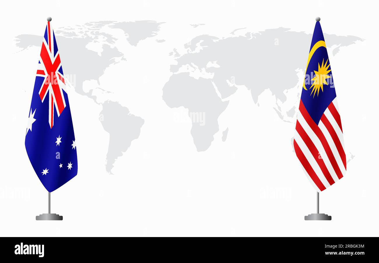 Australia and Malaysia flags for official meeting against background of world map Stock Vector