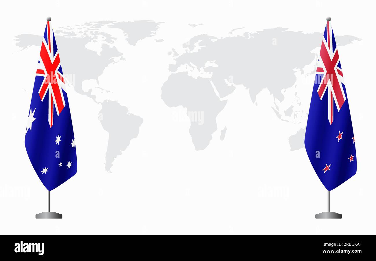 Australia and New Zealand flags for official meeting against background of world map Stock