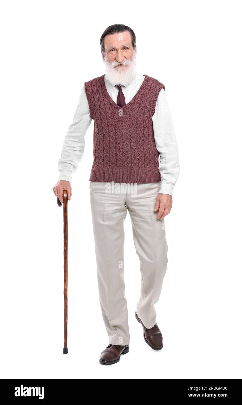 Senior man with walking cane on white background Stock Photo - Alamy