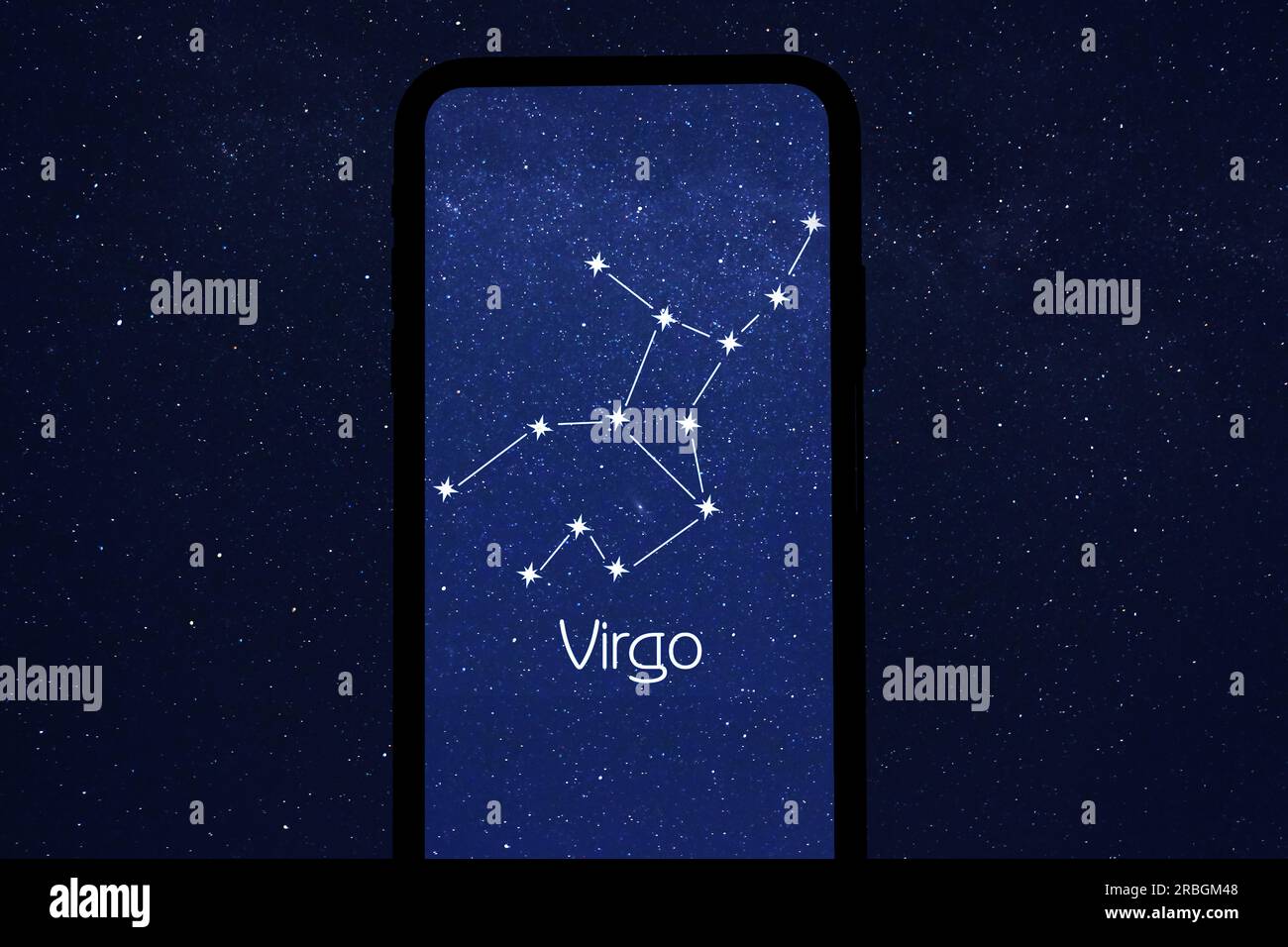 Identified by stargazing app stick figure pattern of Virgo constellation on phone screen on at night, closeup Stock Photo