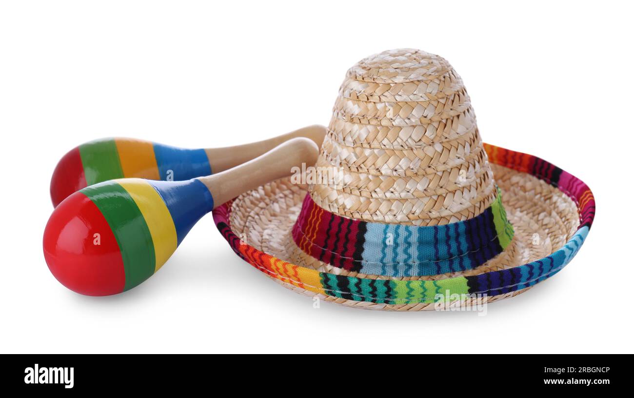 Colorful maracas and sombrero hat isolated on white. Musical instrument Stock Photo Alamy