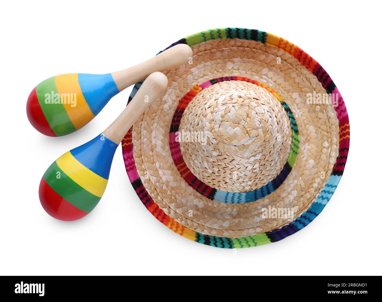 Colorful maracas and sombrero hat isolated on white, top view. Musical instrument Stock Photo