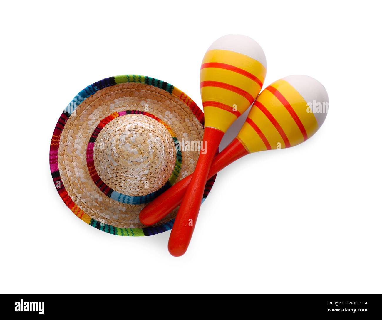 Colorful maracas and sombrero hat isolated on white, top view. Musical instrument Stock Photo