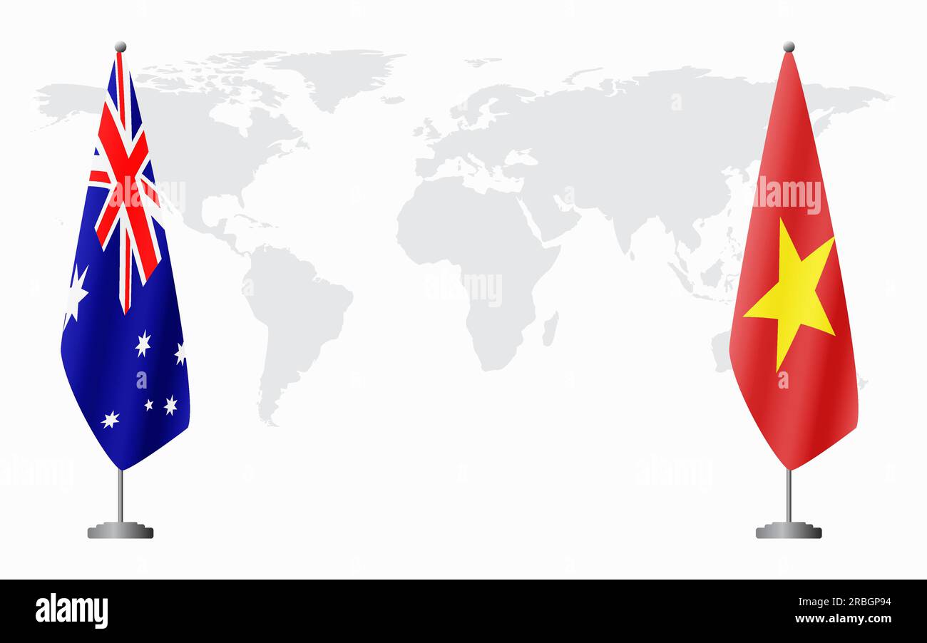 Australia and vietnam flags for official meeting against background of
