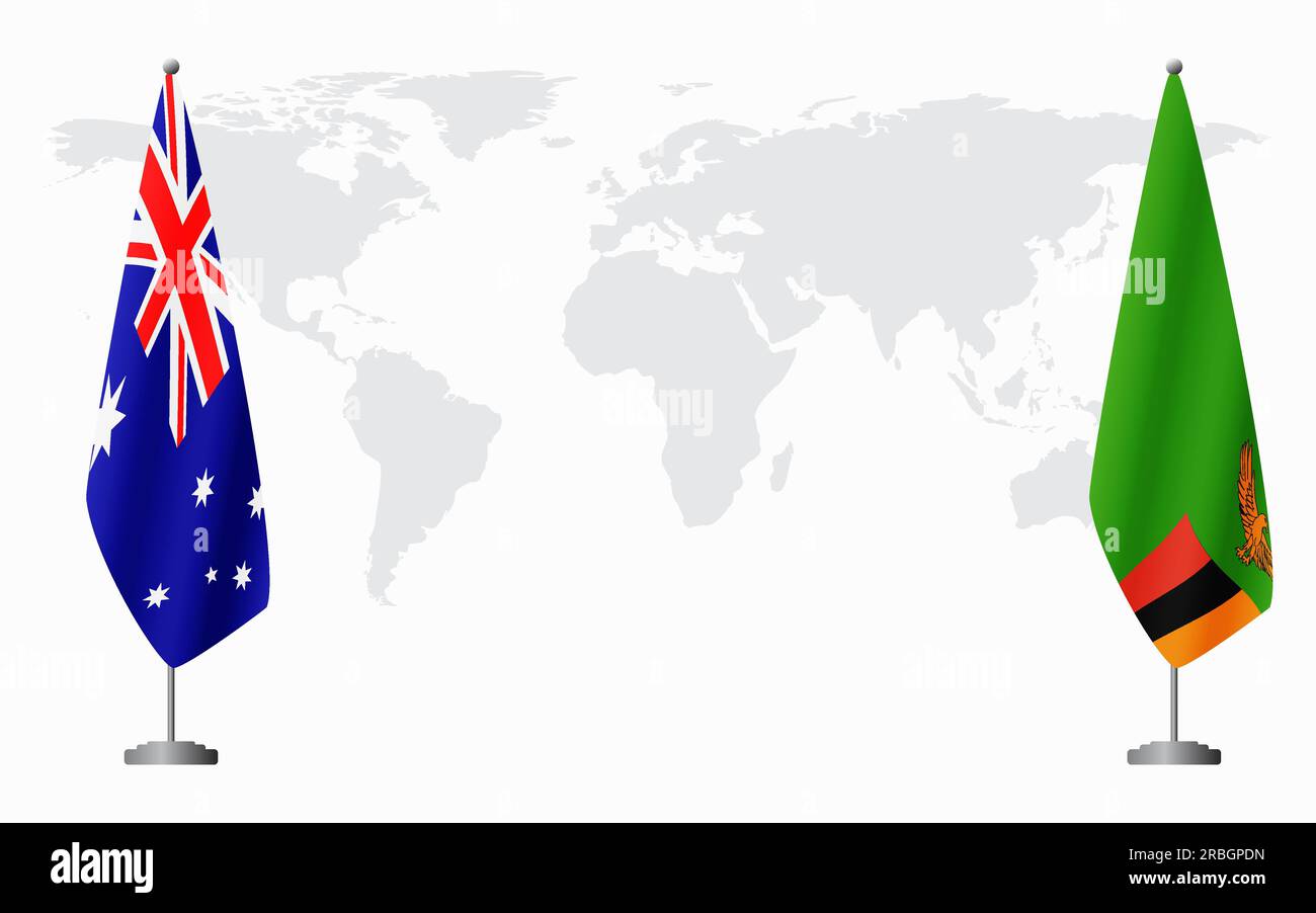 Australia and Zambia flags for official meeting against background of world map. Stock Vector