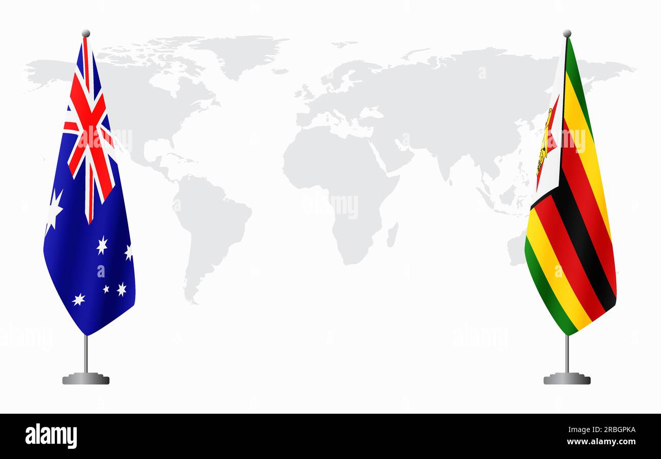 Australia and Zimbabwe flags for official meeting against background of