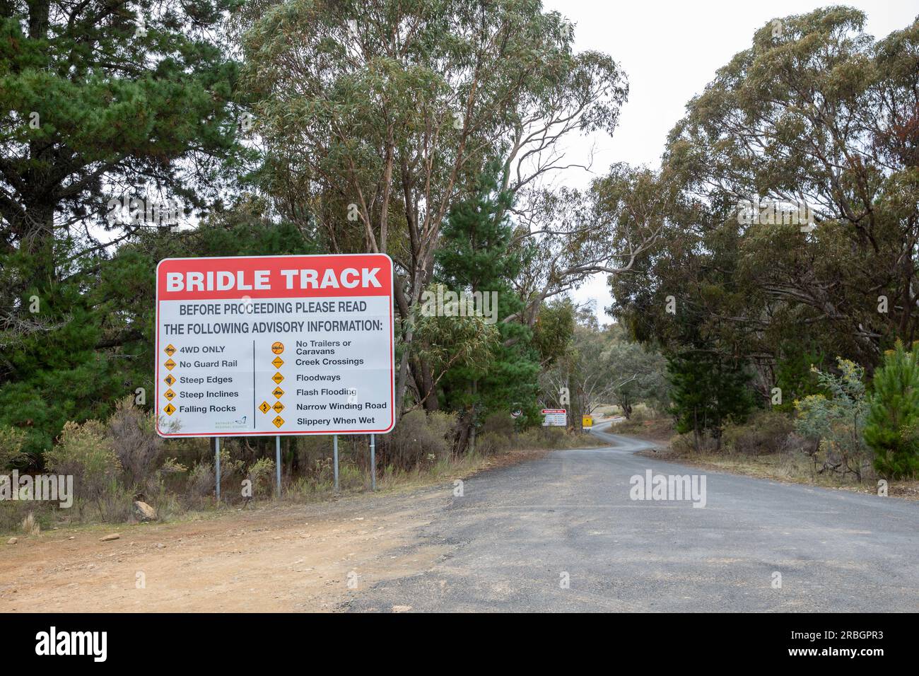 Bridle track and warning sign, Hill End New South Wales,Australia Stock Photo