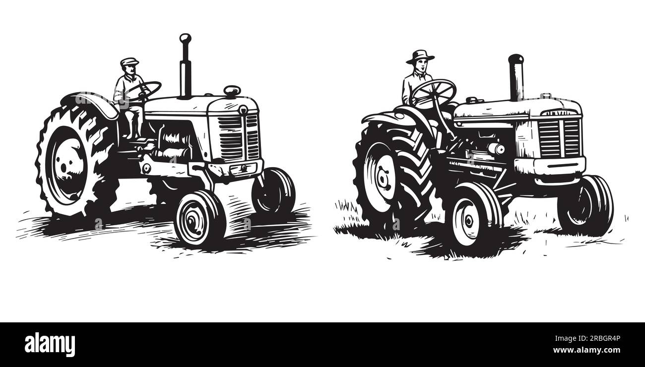 Farm Tractor Line Art Silhouette vector illustration Stock Vector