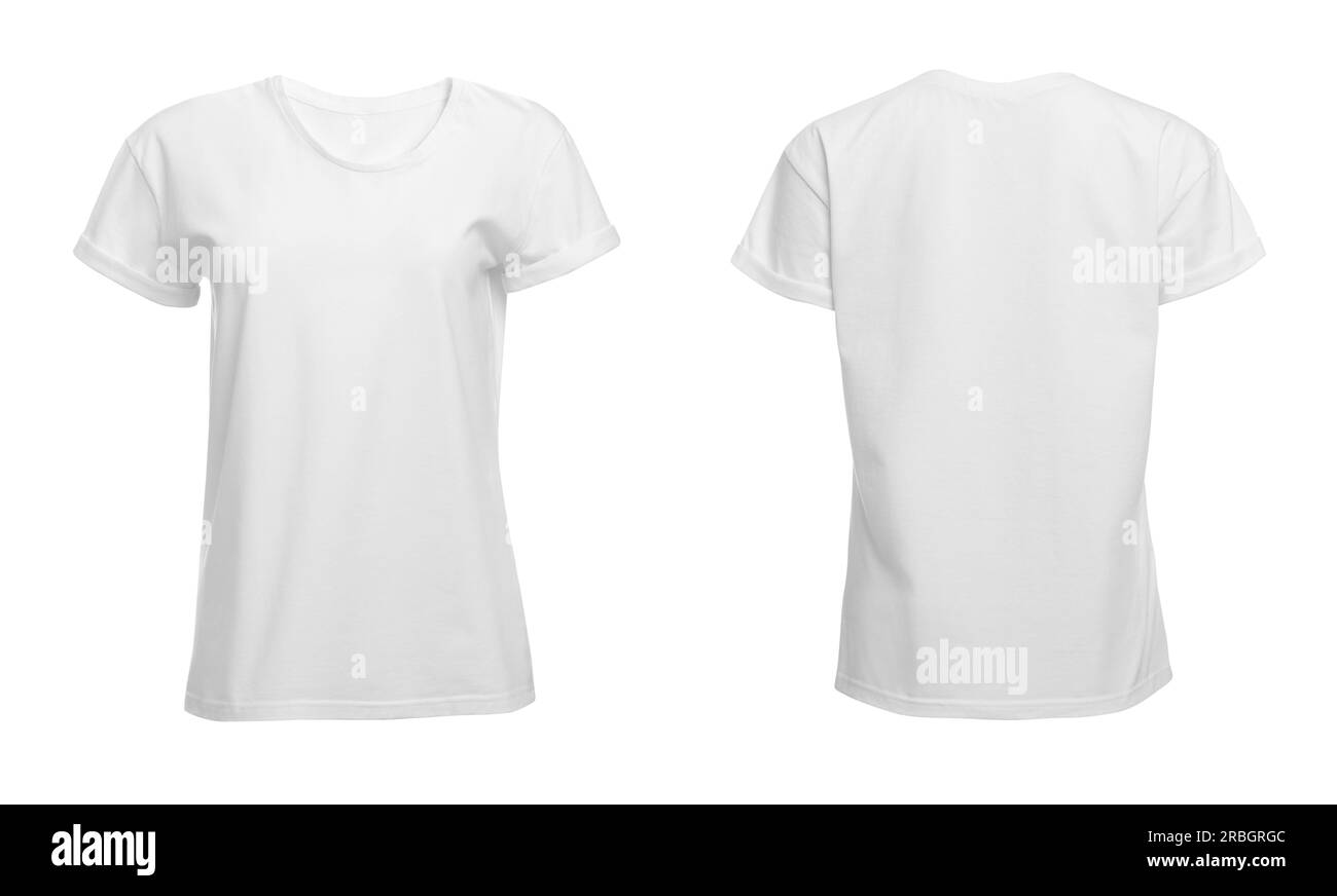 Stylish basic t-shirt on white background, front and back views. Space for design Stock Photo