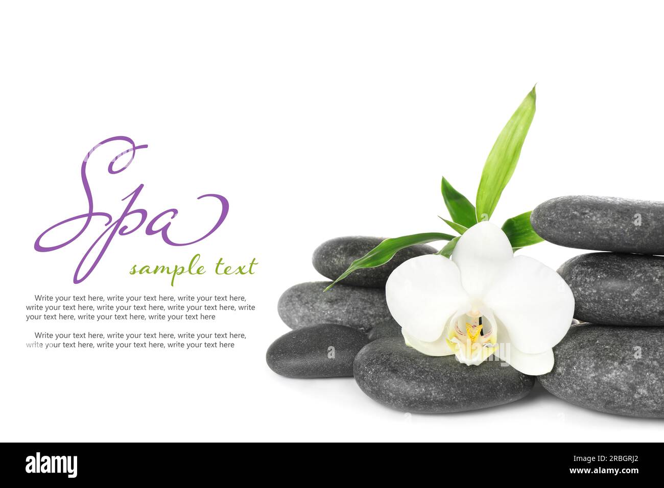Spa stones , orchid and bamboo leaves on white background. Design with ...