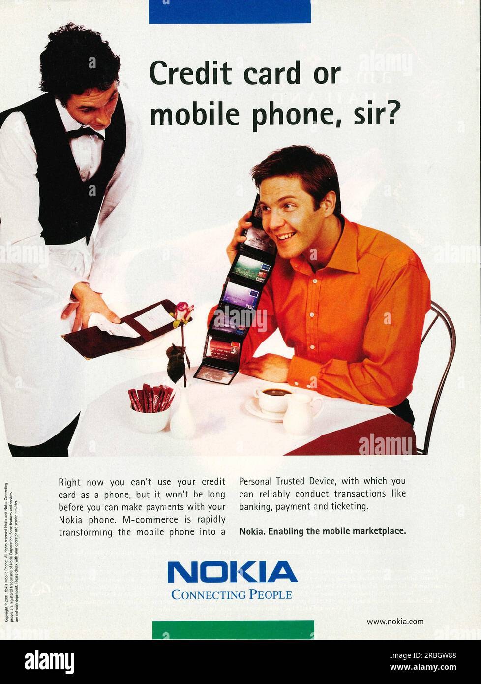 Nokia M-Phone, mobile marketplace, payments with Nokia phone advert in a magazine 2001. Nokia Connecting people campaign Stock Photo