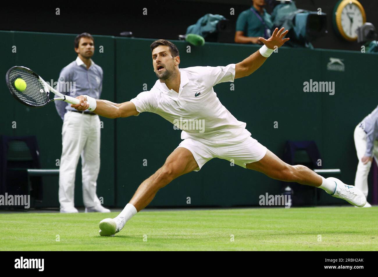 Novak Djokovic of Serbia plays against Hubert Hurkacz of Poland in the  men's singles fourth round at the Wimbledon tennis tournament in London on  July 9, 2023. (Kyodo)==Kyodo Photo via Credit: Newscom/Alamy