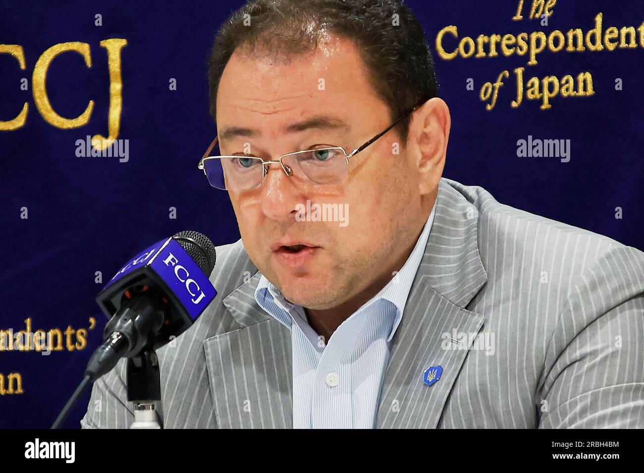 Tokyo, Japan. July 10, 2023, Tokyo, Japan: Sergey Korsunsky Ambassador of Ukraine to Japan speaks during a press conference at The Foreign Correspondents' Club of Japan (FCCJ) in Tokyo. On the 500th day of the conflict in his country ''”which is under constant Russian attack while fighting to reclaim its own lands from occupation''” Sergey Korsunsky, the Ukrainian ambassador to Japan, paid a visit to the FCCJ. Despite Russia's own issues with its Wagner band of mercenaries, Ukraine has launched a counteroffensive to force the Russians back, but it has encountered fierce resistance. Credit: ZUM Stock Photo